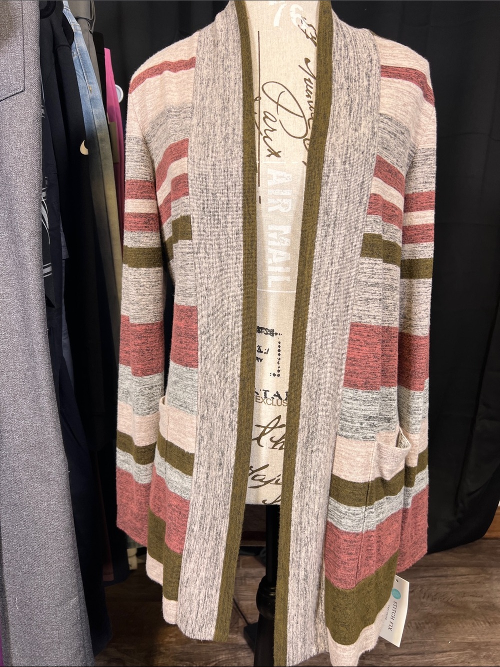 Open-Front Striped Cardigan Sweater - Pink, Olive, Gray